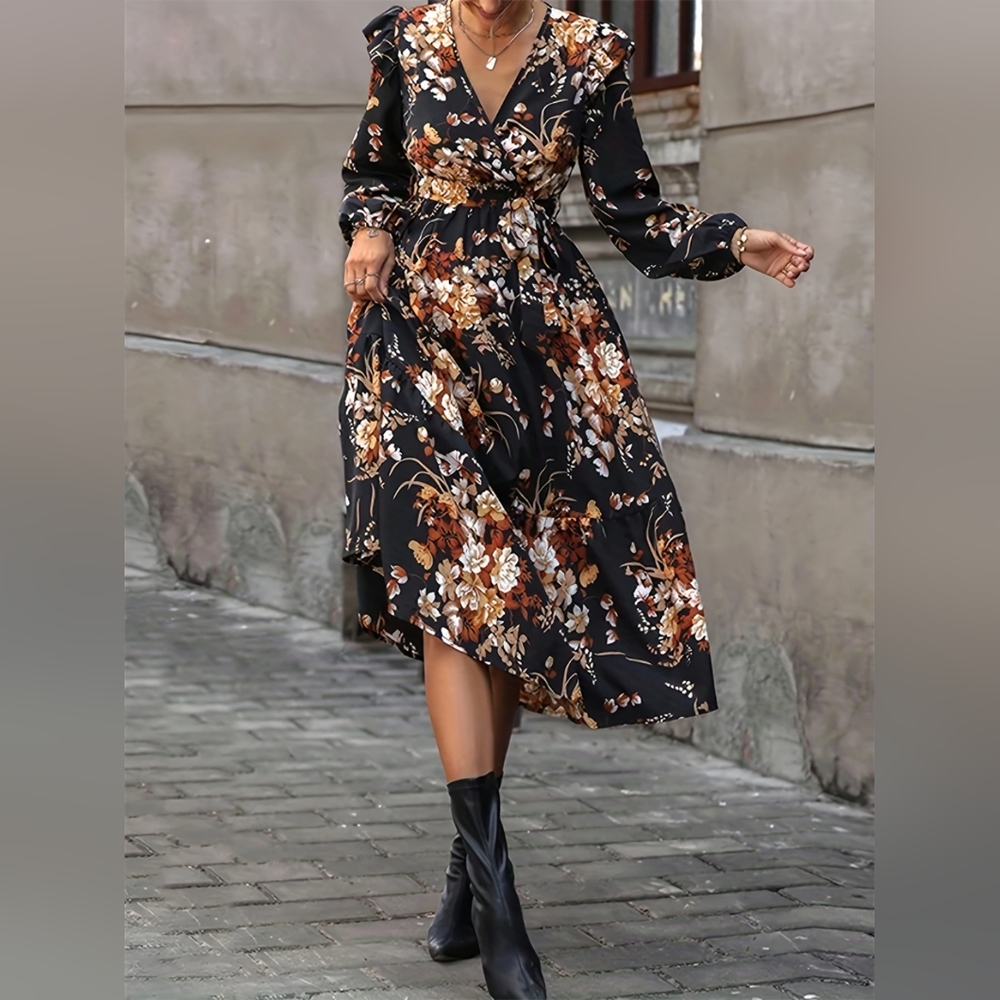 Ruffled Printed Surplice Long Sleeve Midi Dress